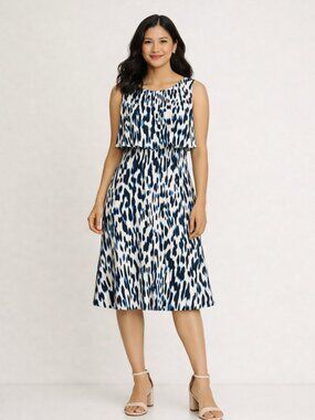 Alfani Sleeveless A-line Dress in Blue/Black/White Abstract Print, NWT, Size 2P